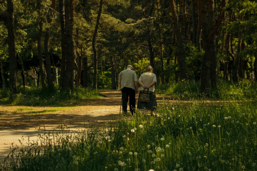 Senior couple walking hand in hand through a serene forest pathway in summer sunlight.